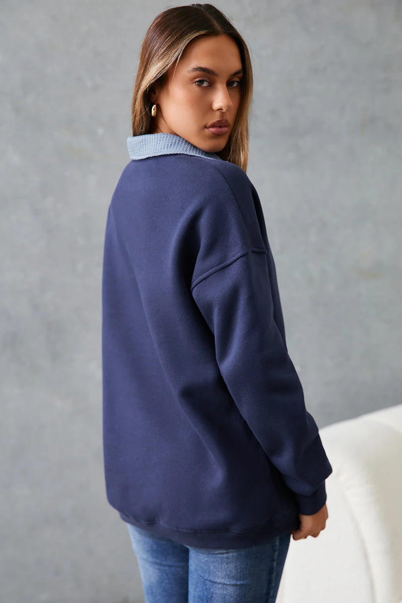 Load image into Gallery viewer, DLLS1120 - Ladies Blue Contrast Textured Placket Metal Button Pullover Sweatshirt
