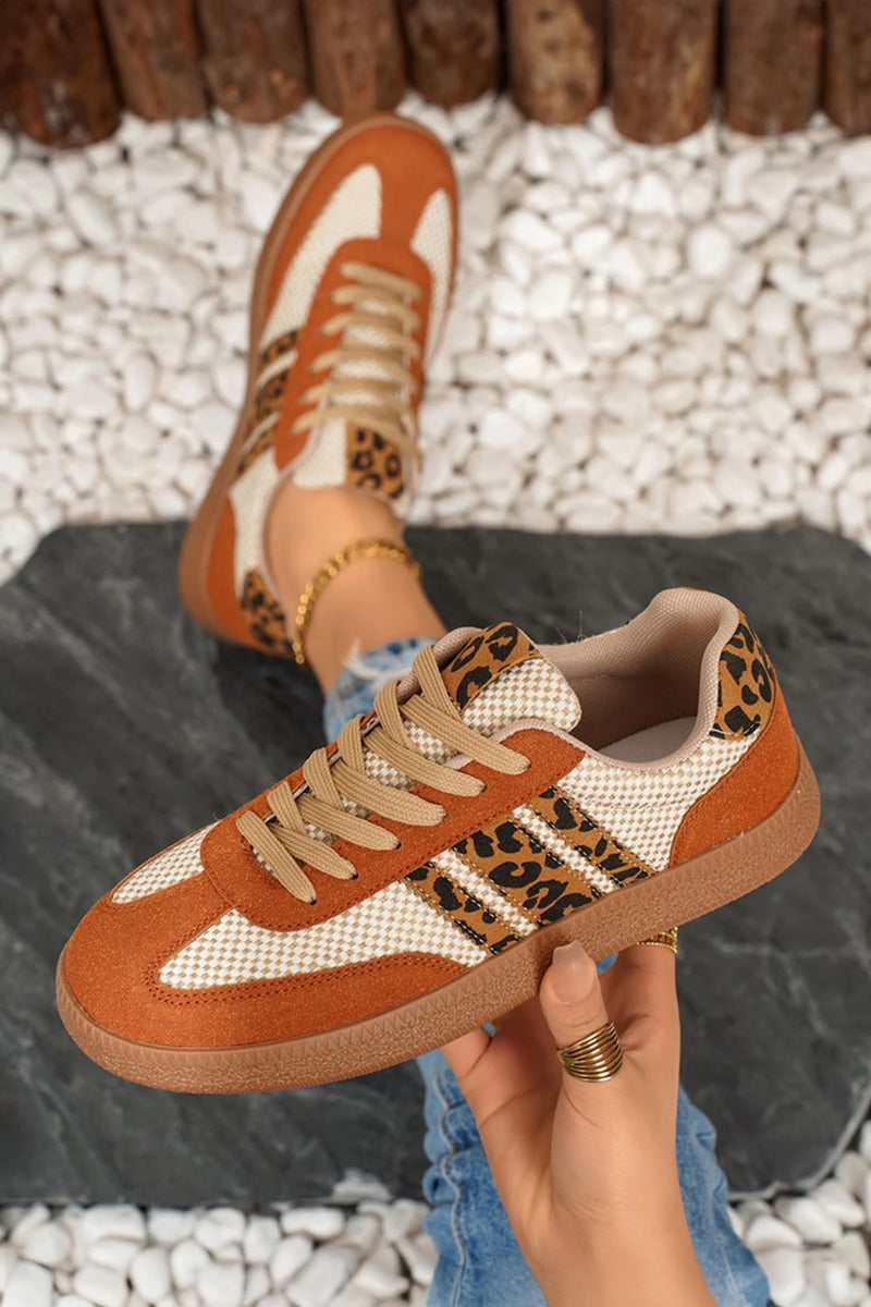 Load image into Gallery viewer, DLLSHOE 1 - Buckskin Checkered Leopard Color Block Patchwork Lace Up Sneakers

