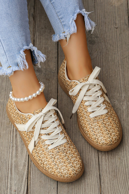 DLLSHOE 90 - Gold Stylish Woven Lace Up Flat Shoes