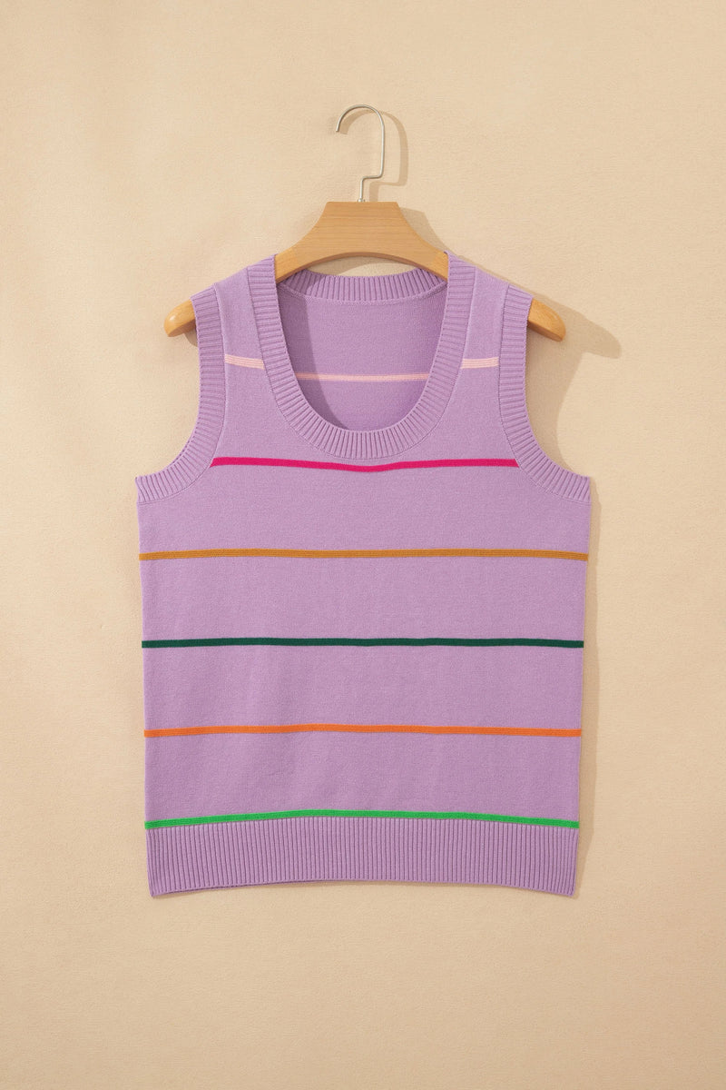 Load image into Gallery viewer, DLLS706 - Ladies Purple Stripe Round Neck Knitted Sweater Tank
