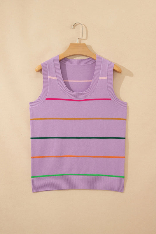 DLLS706 - Ladies Purple Stripe Round Neck Knitted Sweater Tank