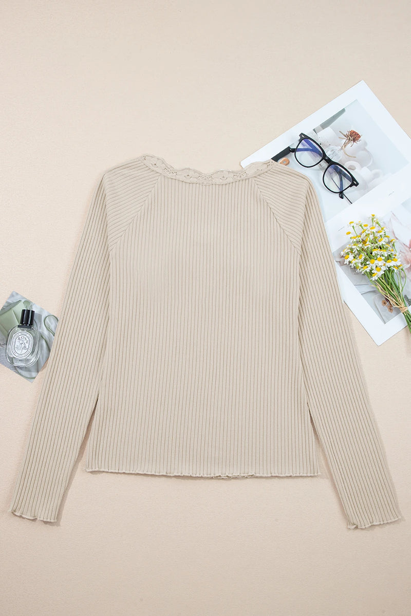Load image into Gallery viewer, DLLS407 - Ladies Beige Lace Neckline Button Decor Lettuce Edge Long Sleeve Ribbed Top
