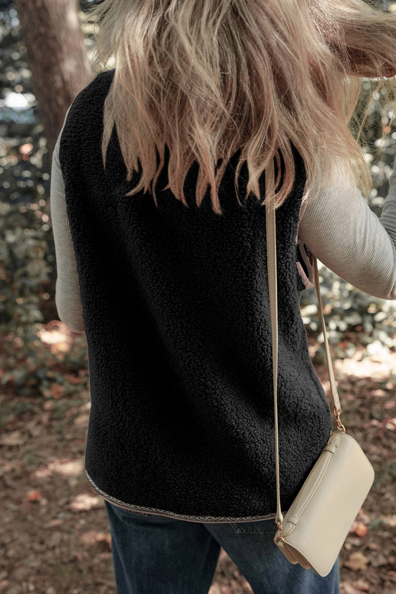 Load image into Gallery viewer, DLLS753 - Ladies Dark Grey Sherpa Contrast Patch Pocket Cartridge Toggle Button Vest

