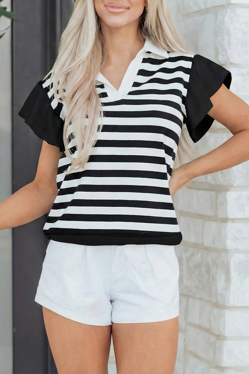 Load image into Gallery viewer, DLLS381- Ladies Black Stripe Collar V Neck Ruffled Short Sleeve Blouse
