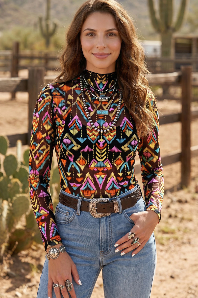 Load image into Gallery viewer, DLLS799 - Ladies Color black Abstract Print Long Sleeve Stand Neck Mesh Top
