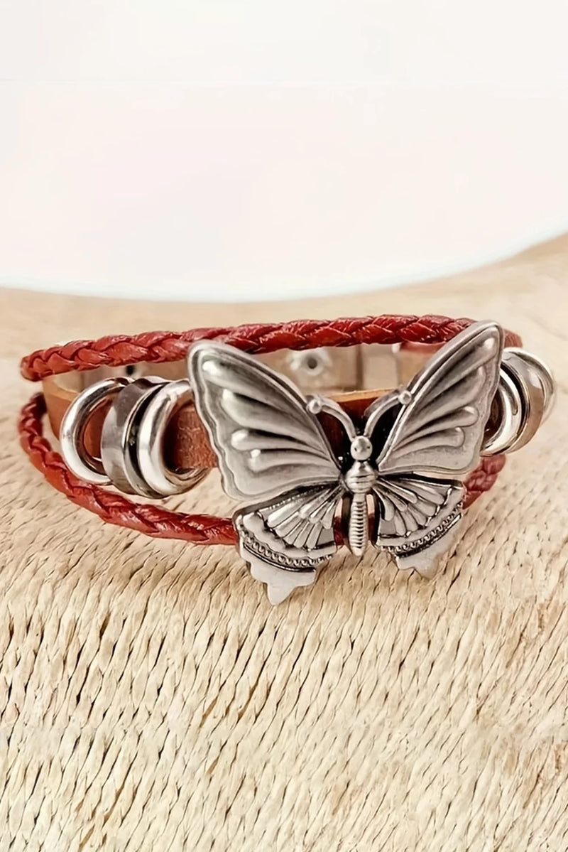 Load image into Gallery viewer, DLLBC 10 - Mineral Red Retro Butterfly Decor Exotic Faux Leather Braided Snap Button Bracelet
