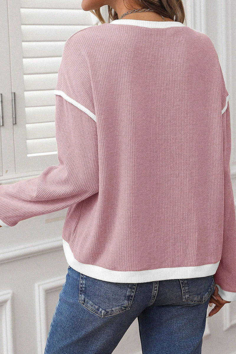 Load image into Gallery viewer, DLLS172 - Ladies Light Pink Contrast Color Trim Knit Drop Shoulder Loose Top
