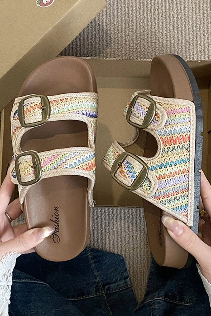 Load image into Gallery viewer, DLLSHOE 108 - Khaki Boho Vacation Woven Buckle Cutout Low-Top Slippers
