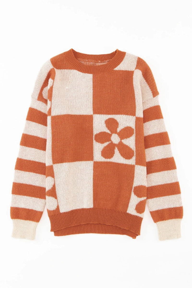Load image into Gallery viewer, DLLS142 - Ladies Brown Checkered Floral Print Striped Sleeve Sweater
