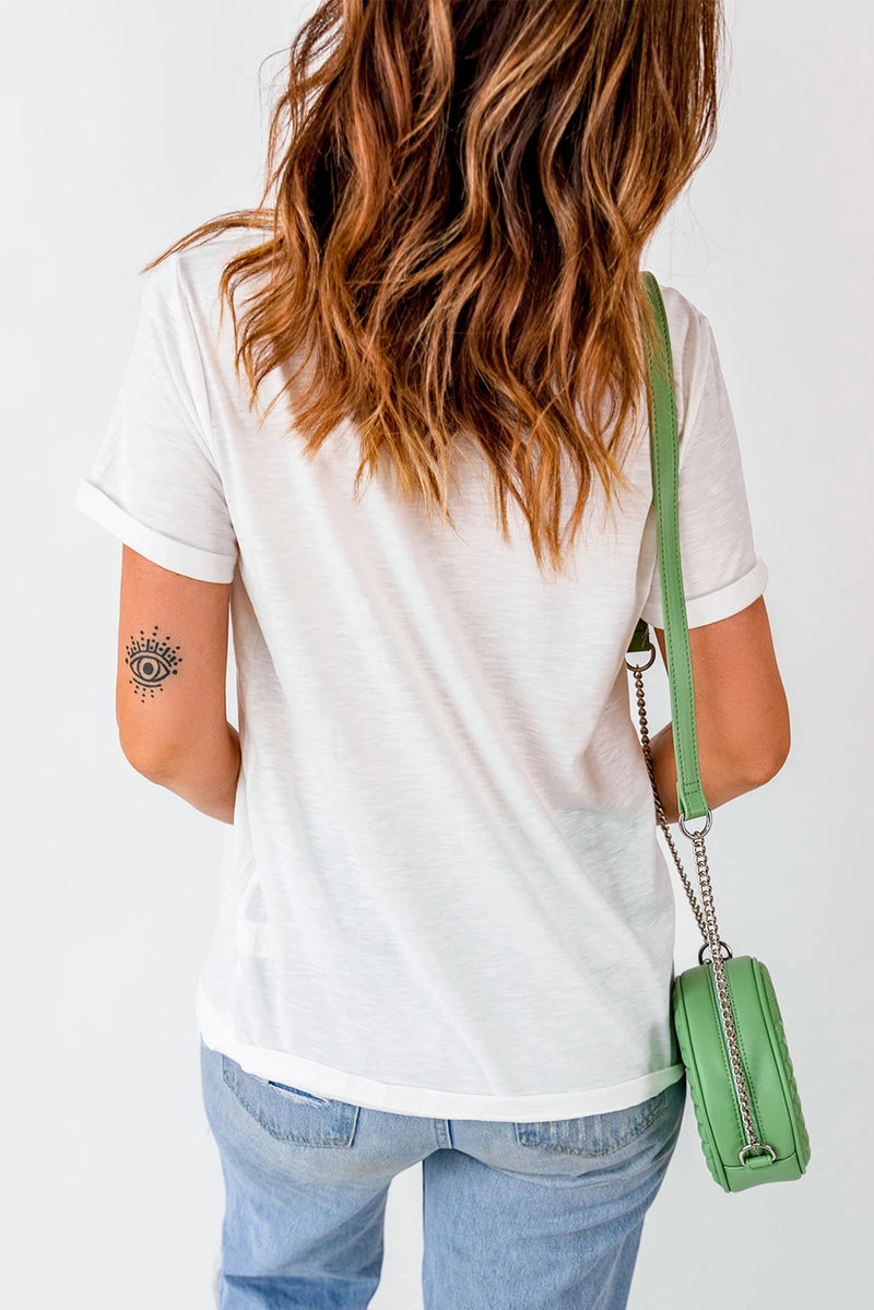 Load image into Gallery viewer, DLLS759 - Ladies White JUST HERE For THE COWBOY Cuffed Sleeve Crew Neck T Shirt
