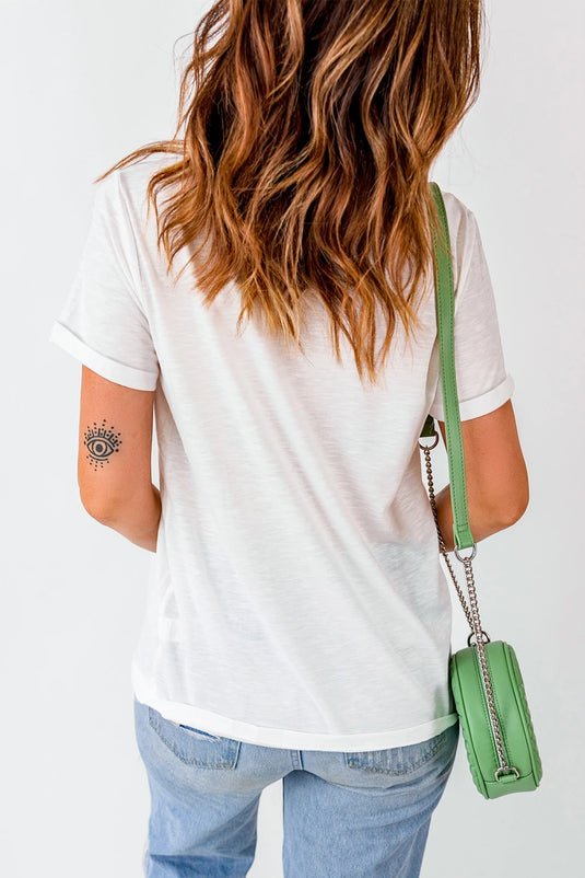 DLLS759 - Ladies White JUST HERE For THE COWBOY Cuffed Sleeve Crew Neck T Shirt