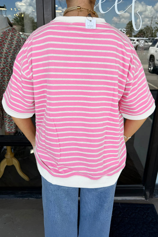 DLLS524 - Ladies Pink Stripe Round Neck Drop Shoulder Short Sleeve Loose Top