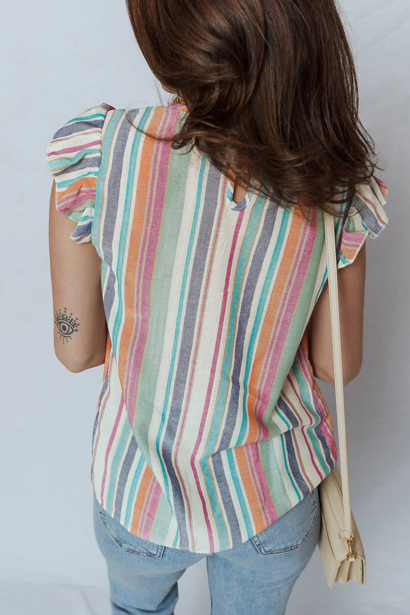 Load image into Gallery viewer, DLLS380- Ladies Light Blue Lace Hollow-out Insert Flutter Sleeve Striped Blouse
