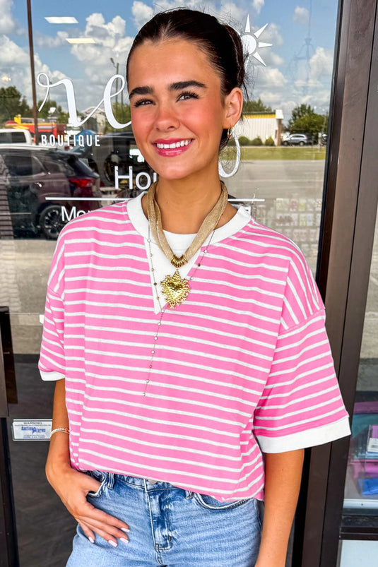 DLLS524 - Ladies Pink Stripe Round Neck Drop Shoulder Short Sleeve Loose Top