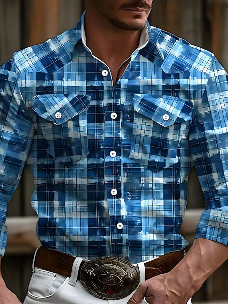 Load image into Gallery viewer, TMWST18 - Ocean Blue Checkered Western Shirt
