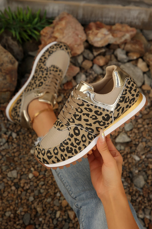 DLLSHOE 143 - Coffee Leopard Faux Suede Mixed Patchwork Lace Up Sneakers