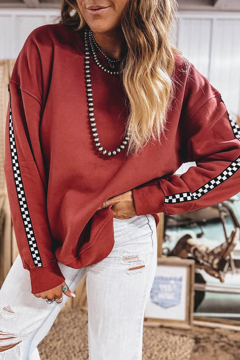 Load image into Gallery viewer, DLLS660 - Ladies Mineral Red Plaid Striped Long Sleeve Round Neck Ribbed Cuff Casual Sweatshirt

