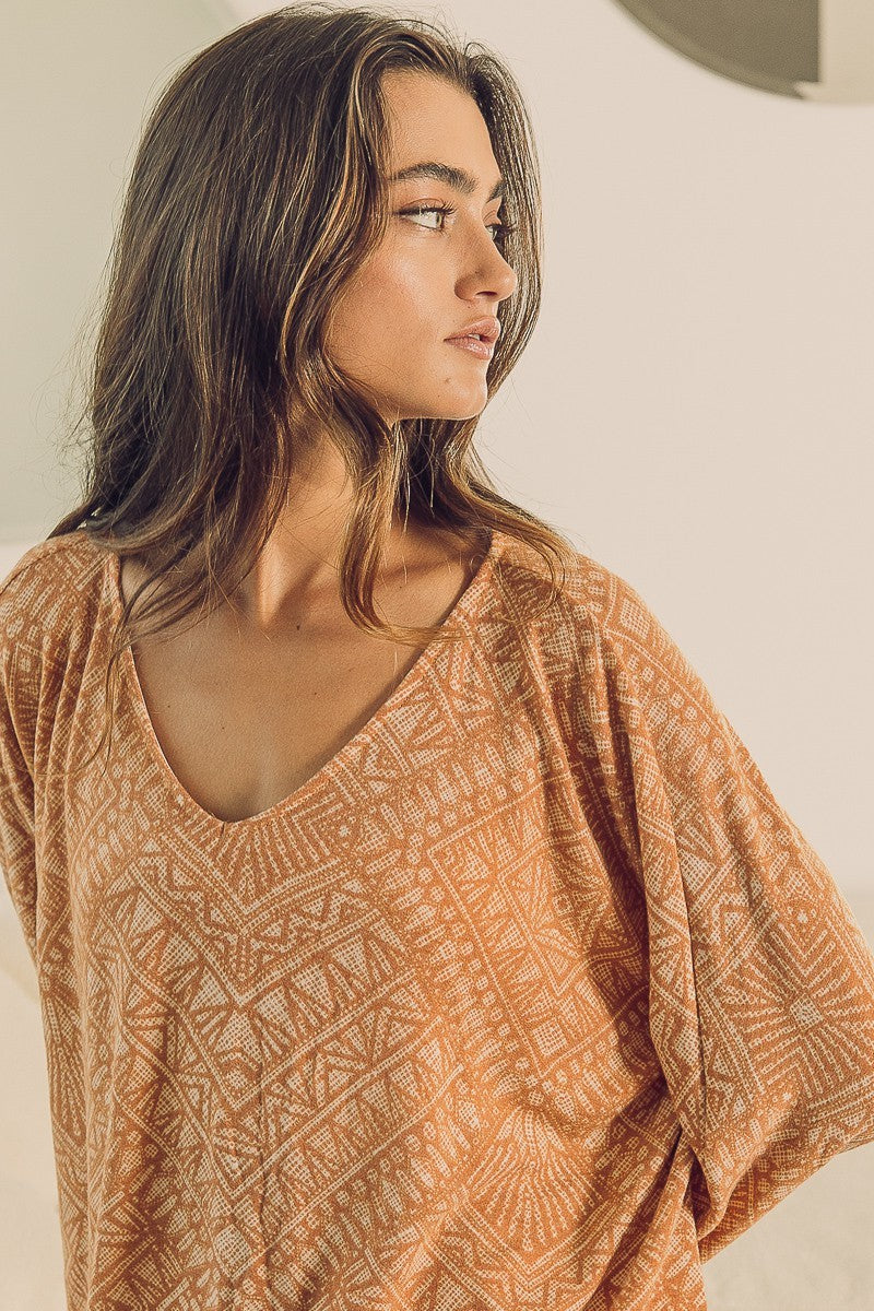 Load image into Gallery viewer, BIBI20- Ladies Aztec Print French Terry V Neck Top
