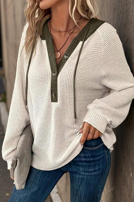 DLLS248 - Ladies White Waffle Contrast Half Buttoned Hooded Pullover Top