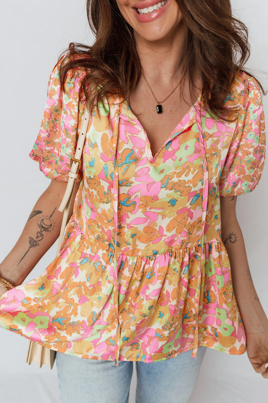 DLLS365 - Ladies Orange Split V Neck Short Sleeve Flower Blouse