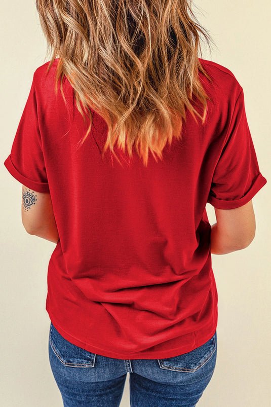 DLLS1016 - Ladies Red Western Patchwork Cow Print Round Neck Casual T Shirt