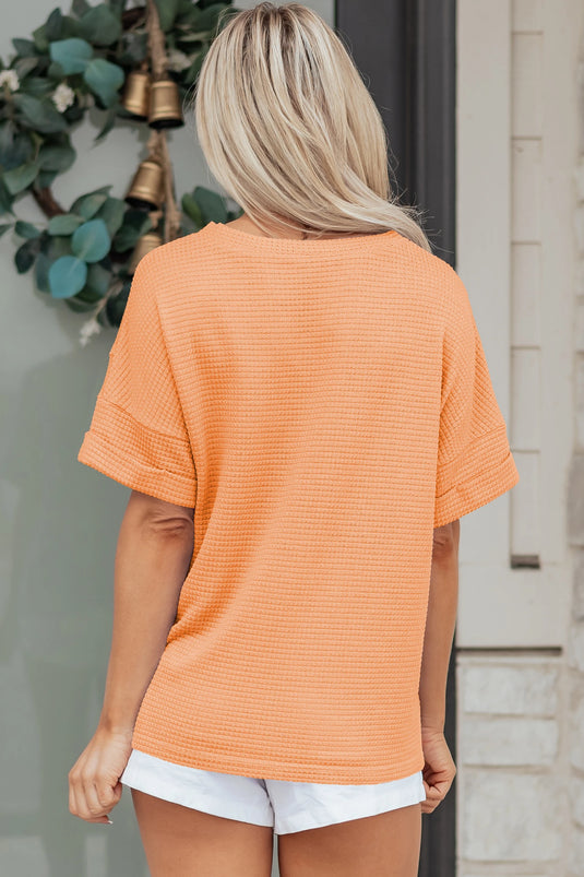 DLLS527 - Ladies Grapefruit Orange Waffle V Neck Short Sleeve Knit Top