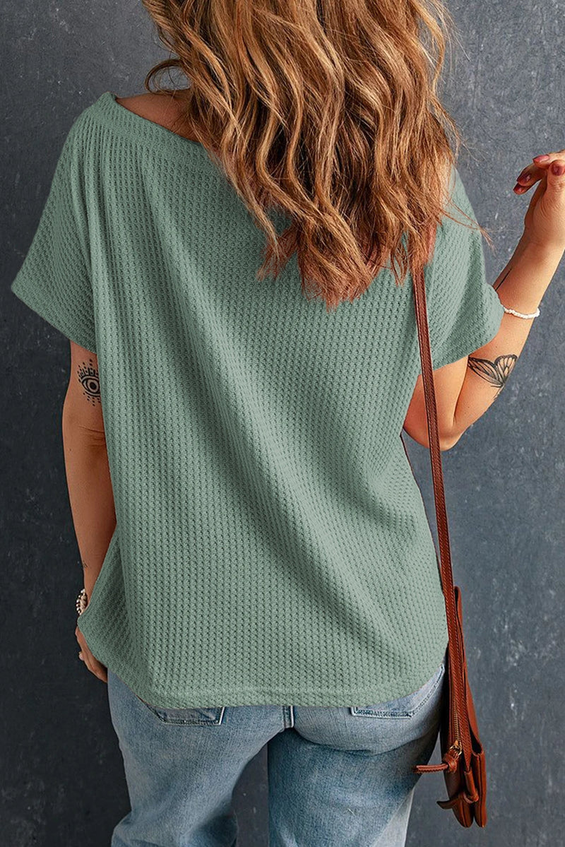 Load image into Gallery viewer, DLLS492 - Ladies Mist Green Waffle Knit Boat Neck Short Sleeve Top
