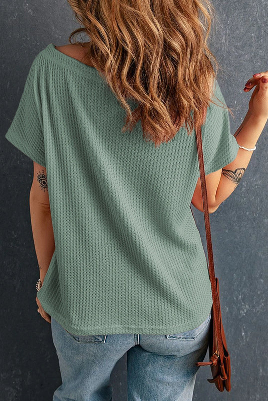 DLLS492 - Ladies Mist Green Waffle Knit Boat Neck Short Sleeve Top