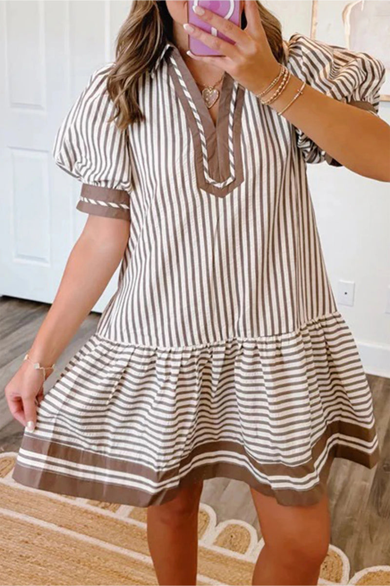 Load image into Gallery viewer, DLLS665 - Ladies Brown Stripe Shirt Collar Color Block Patchwork Trim Ruffle Hem Short Dress
