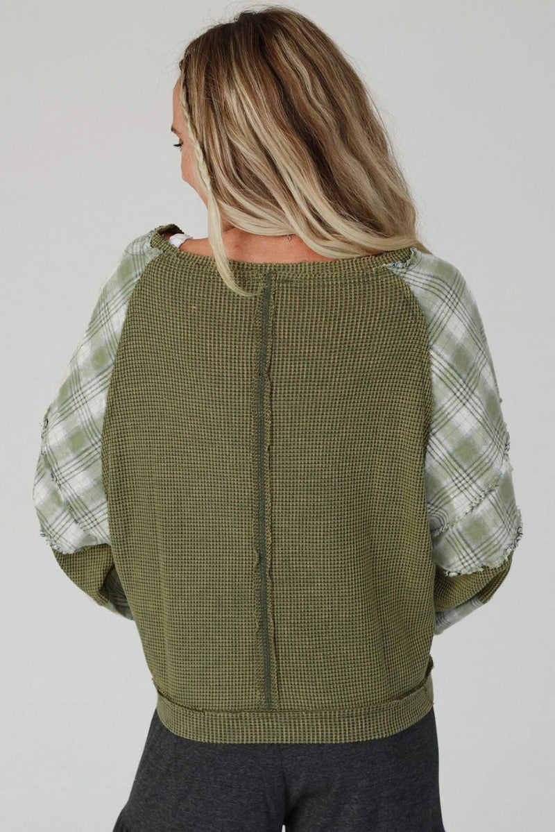 Load image into Gallery viewer, DLLS1145 - Ladies Green Plaid Patch Waffle Knit Exposed Seam Bubble Sleeve Top
