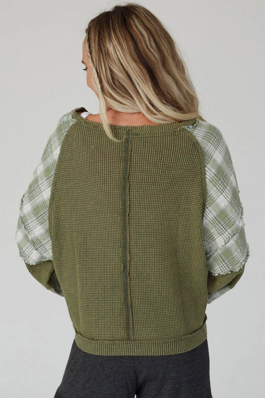 DLLS1145 - Ladies Green Plaid Patch Waffle Knit Exposed Seam Bubble Sleeve Top