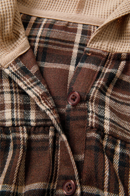 DLLS327 - Ladies Brown Plaid Patchwork Long Sleeve Button Hooded Blouse