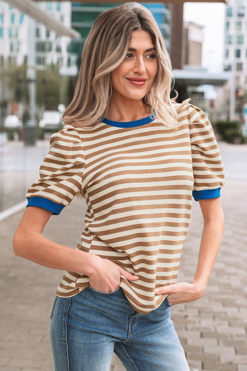 Load image into Gallery viewer, DLLS416 - Ladies Brown Stripe Short Puff Sleeve Contrast Trim Round Neck Tee
