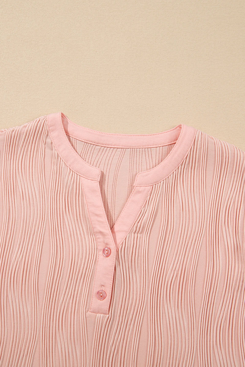 Load image into Gallery viewer, DLLS503 - Ladies Pink Wavy Textured Button V Neck Tee

