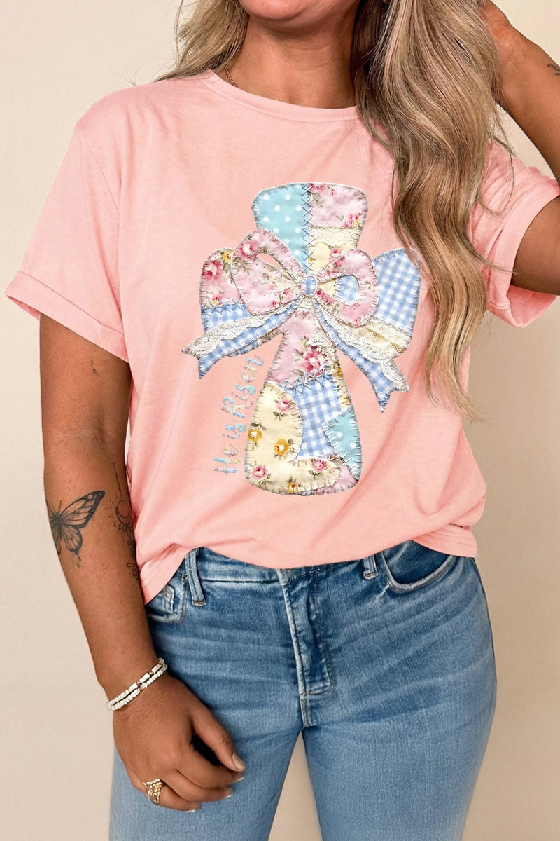 Load image into Gallery viewer, DLLS472 - Ladies Pink He is Risen Patchwork Bow Cross Printed T Shirt
