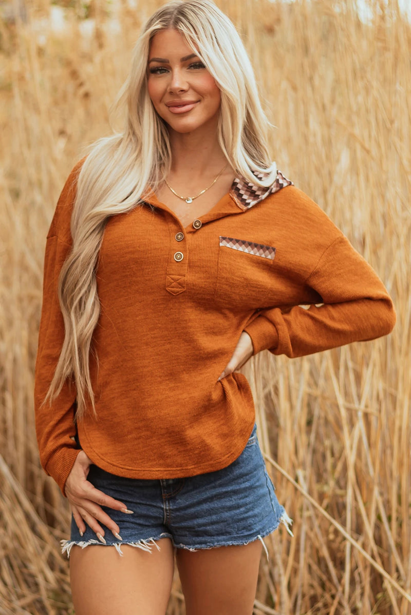 Load image into Gallery viewer, DLLS279 - Ladies Straw Yellow Contrast Plaid Hood Patchwork Chest Pocket Henley Top
