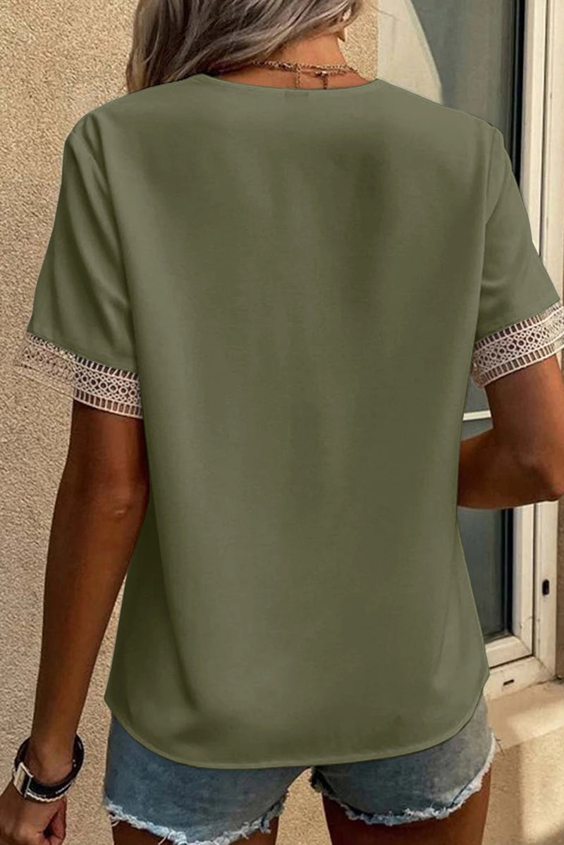 Load image into Gallery viewer, DLLS518 - Ladies Green Lace Trim V Neck Short Sleeve Blouse
