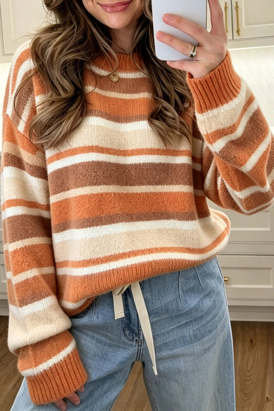 DLLS971 - Ladies Orange Stripe Dropped Shoulder Loose Pullover Sweater