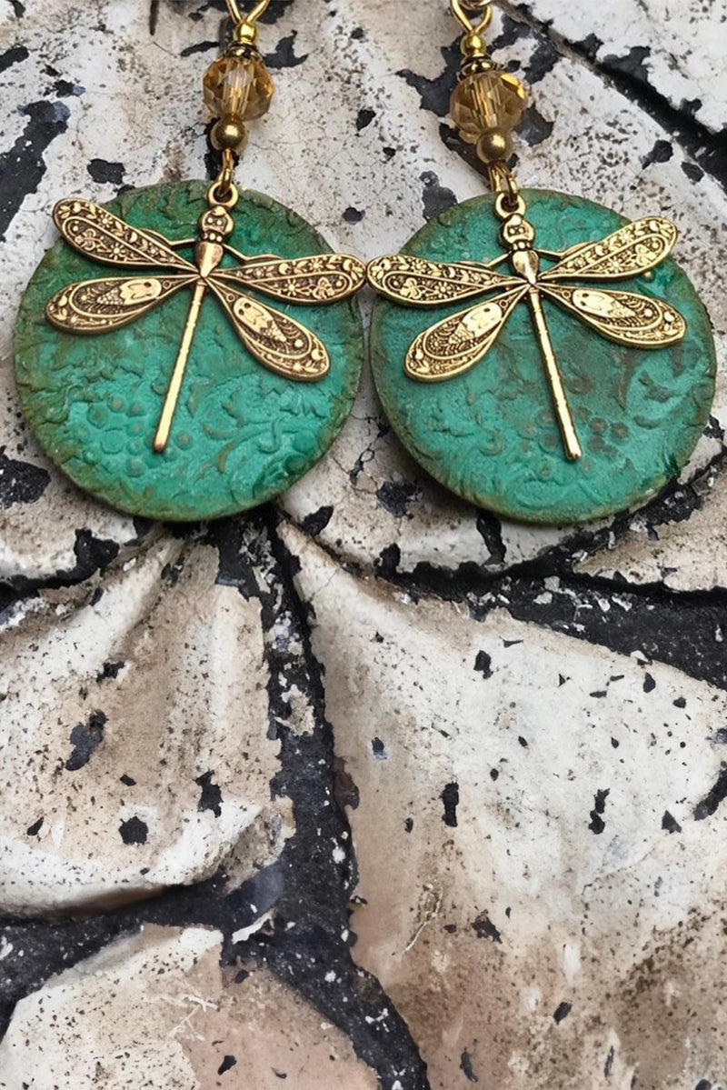 Load image into Gallery viewer, DLLER 15 - Dark Green Retro Dragonfly Hook Drop Earrings
