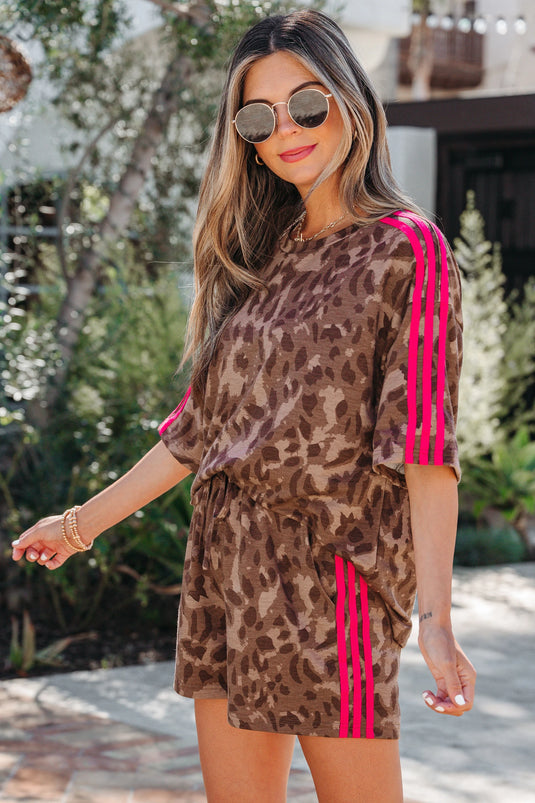 DLLS598 - Ladies Brown Contrast Striped Accent Leopard Short Set