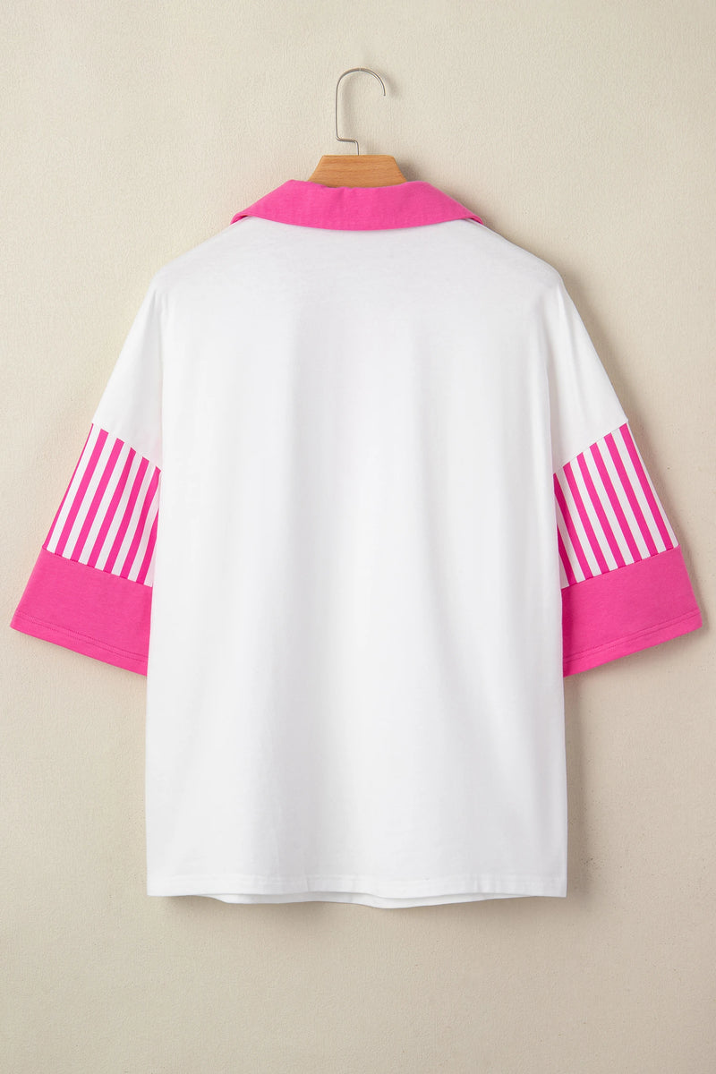 Load image into Gallery viewer, DLLS475 - Ladies White Striped Color Block Patchwork Half Sleeve T Shirt
