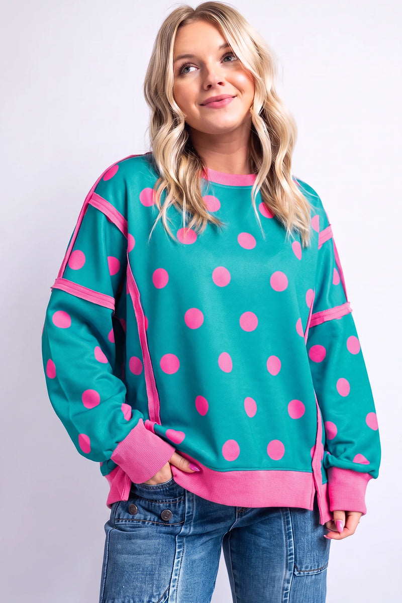 Load image into Gallery viewer, DLLS1056 - Ladies Blue Polka Dot Contrast Patchwork Round Neck Baggy Sweatshirt
