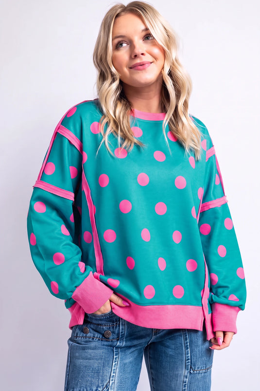 DLLS1056 - Ladies Blue Polka Dot Contrast Patchwork Round Neck Baggy Sweatshirt