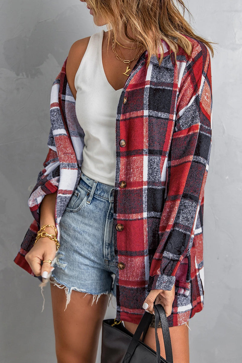 Load image into Gallery viewer, DLLS261 - Ladies Fiery Red Plaid Print Buttoned Shirt Jacket
