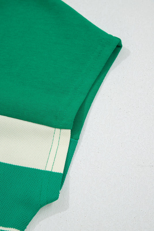 DLLS483 - Ladies Green Stripe Mixed Print Crew Neck Cap Sleeve T Shirt