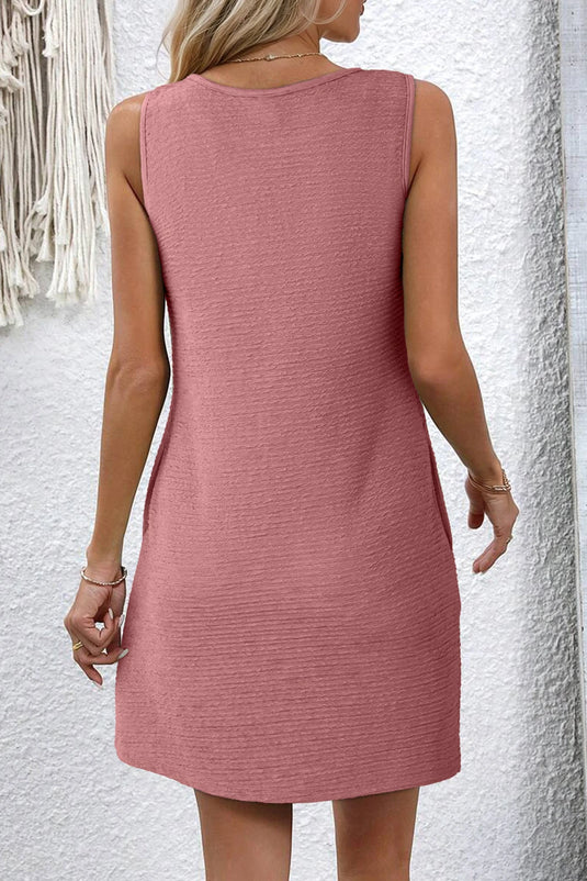DLLS522 - Ladies Rose Solid Color Textured Lace Hollowed Detail Sleeveless Mini Dress