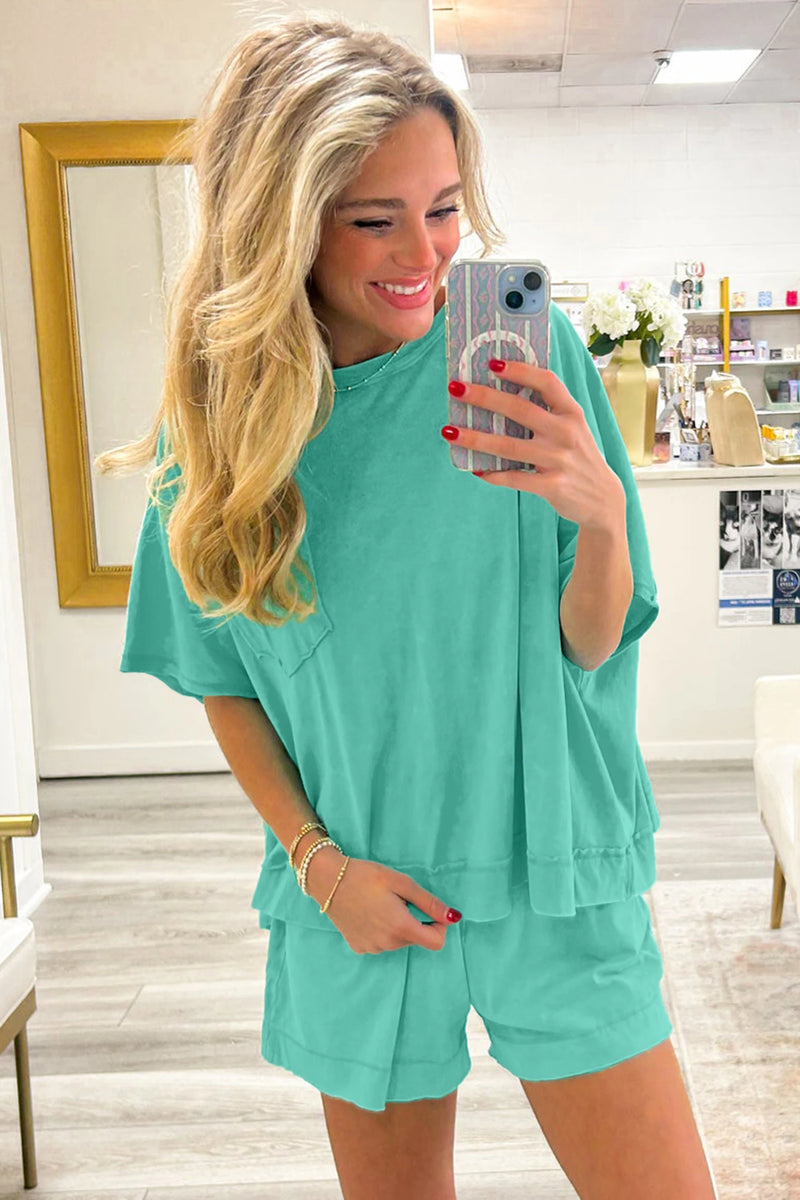 Load image into Gallery viewer, DLLS645 - Ladies Mint Green Raw Edge Patch Pocket Oversized Top and Shorts Set
