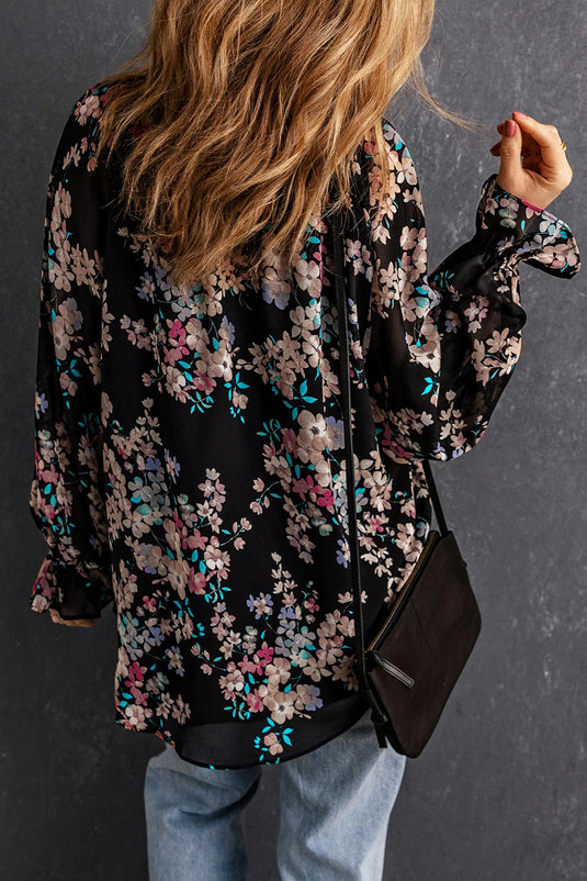 DLLS367 - Ladies Black Wildflower Print Chiffon Blouse