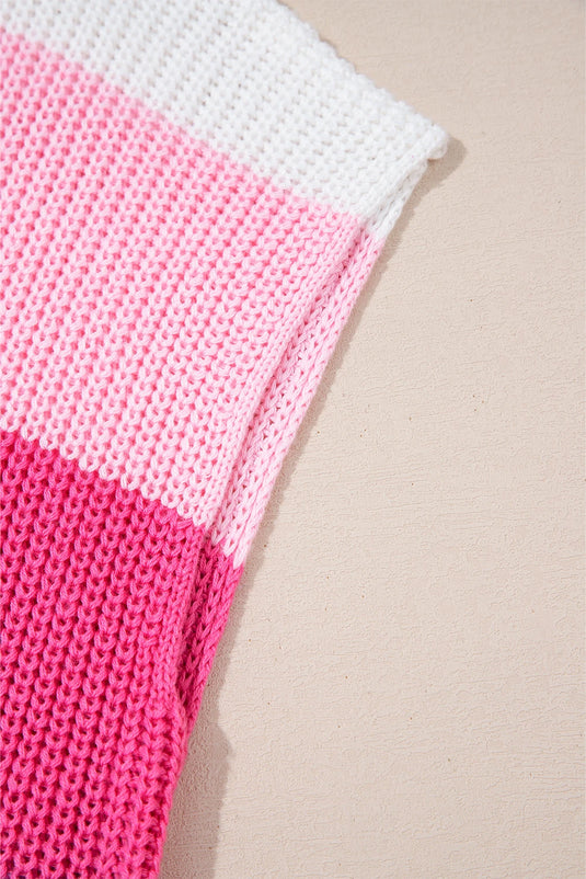 DLLS457 - Ladies Pink Color Block Notch V Neck Sweater T-Shirt