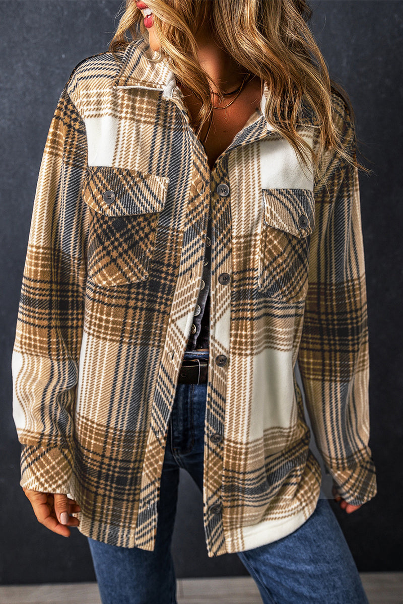 Load image into Gallery viewer, DLLS107 - Ladies Multicolour Plaid Print Flap Pocket Button Up Shacket
